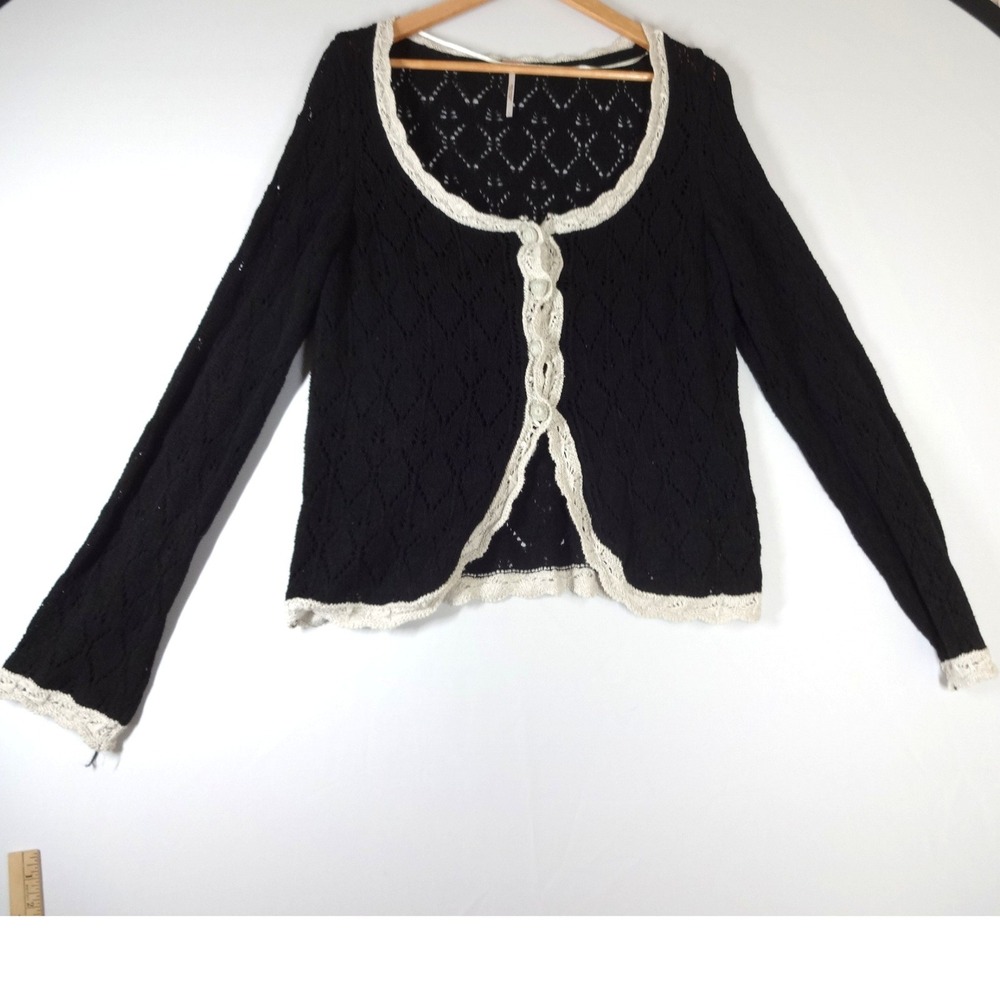Free People AdeleneCardigan M Black Crochet Lace Pointelle Boho Coquette Sweater